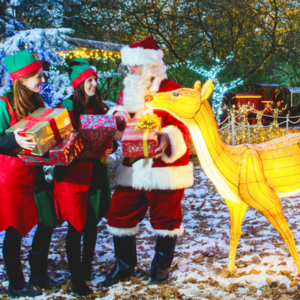 Christmas scene with Santa holding gifts and two elves. Next to an illuminated reindeer sculpture